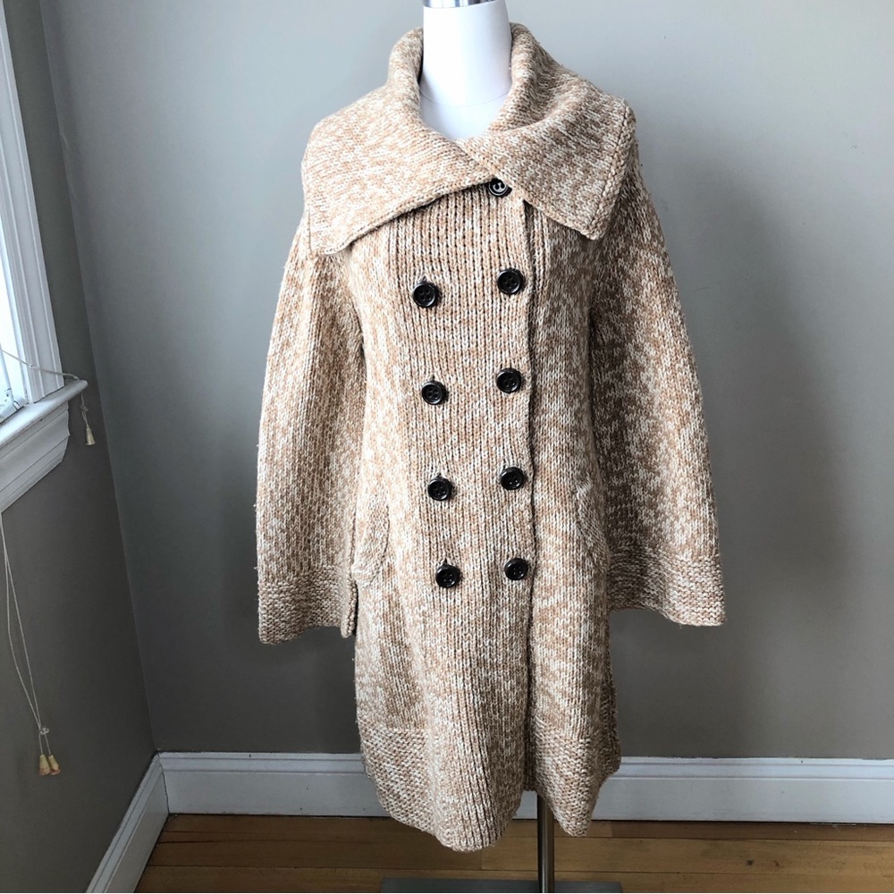 Wool tan & ivory neutral Chunky Knit Pea- Coat Sweater coat 4